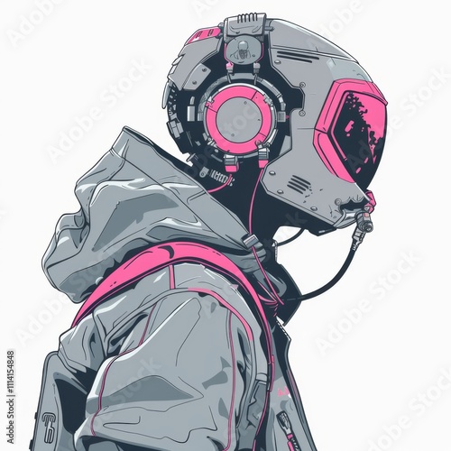 Girl character design with futuristic gas mask. Japanese cartoon style cyberpunk vector illustration. To print t-shirts, stickers, clip art, mascots. Isolated on white background.