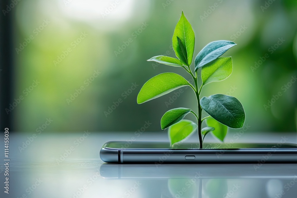 handphone with plant growing on it. Green it concept, copy space handphone with plant growing on it. Green it concept, copy space
