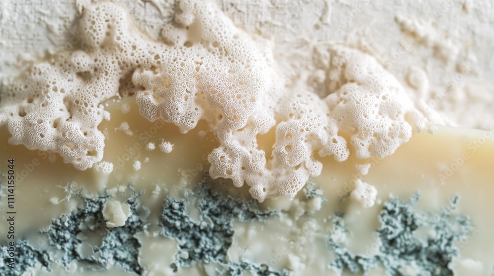 A close-up view of textured, foamy substance with bluish-green mold, suggesting fermentation or a specific type of cheese.