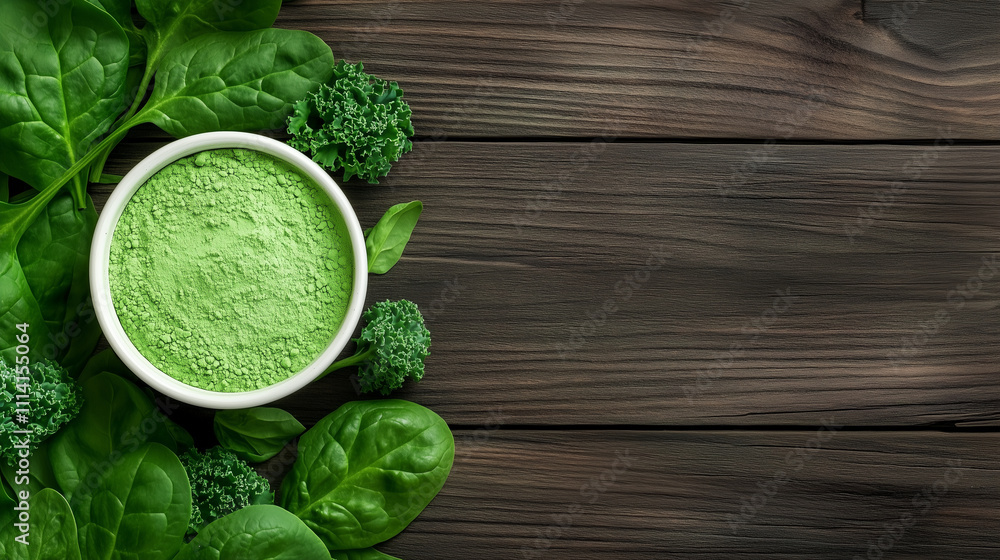 Fototapeta premium A ceramic bowl filled with vibrant green protein powder, surrounded by fresh spinach and kale leaves on a rustic wooden table