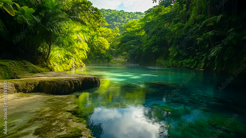 Obraz premium Stunning natural pool surrounded by lush tropical forest in Rio San Juan.