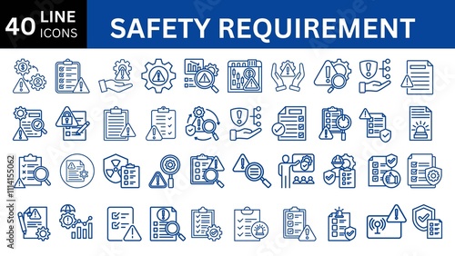 Safety requirement icon collection set. Containing risk assessment, hazard identification, policies, procedures, training, education, icon. Simple flat vector.