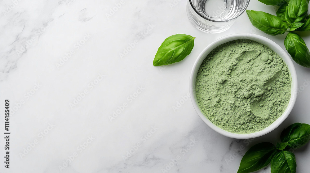 A minimalist composition featuring a bowl of green protein powder on a clean marble surface, paired with fresh basil leaves and a glass of water A minimalist composition featuring a bowl of green protein powder on a clean marble surface, paired with fresh basil leaves and a glass of water