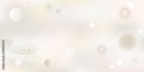 Light winter blurred background with abstract dynamic wave. Beautiful falling snowflakes and flying white circles. An atmosphere of calm, lightness, tenderness and purity. Vector editable template