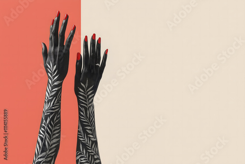 Elegant Black Hands with Red Nails and Leaf Patterns