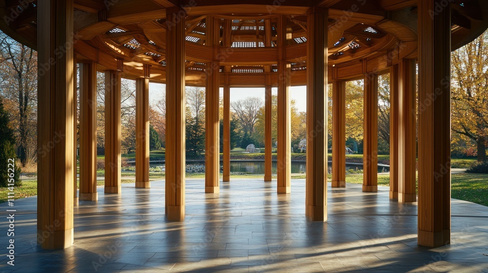 Fototapeta premium Wooden Pavilion Overlooking Autumnal Park Landscape