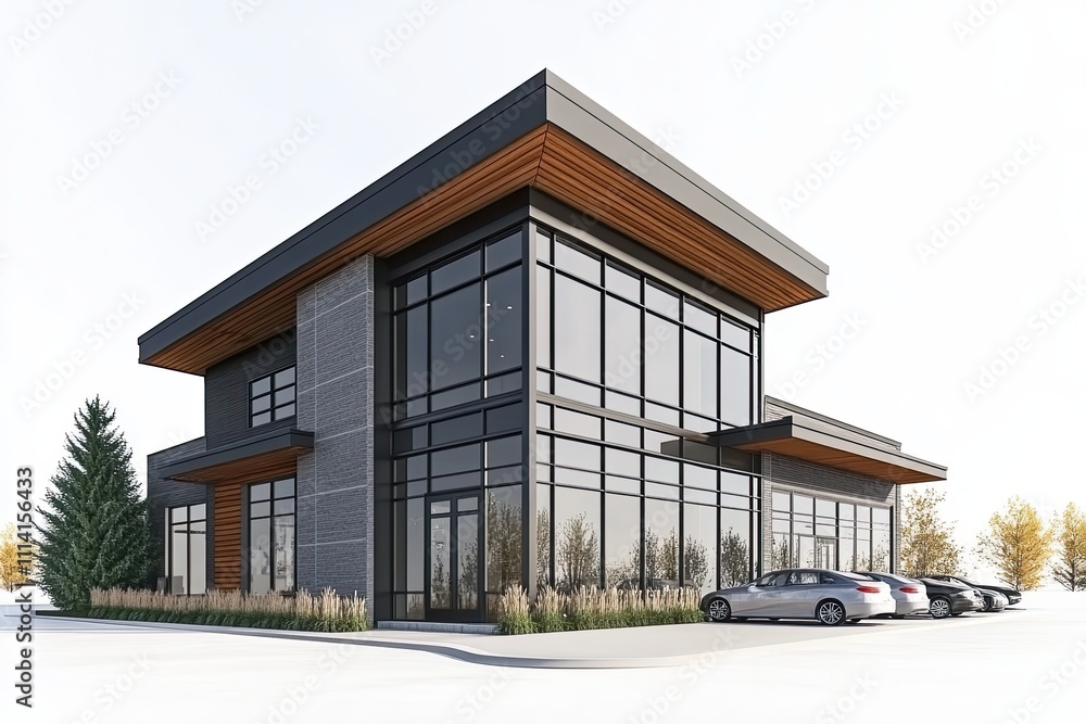 3d rendering of a modern two-story home with gray and wood accents, large windows, parking space on the right side of the building, on a white background. 3d rendering of a modern two-story home with gray and wood accents, large windows, parking space on the right side of the building, on a white background.