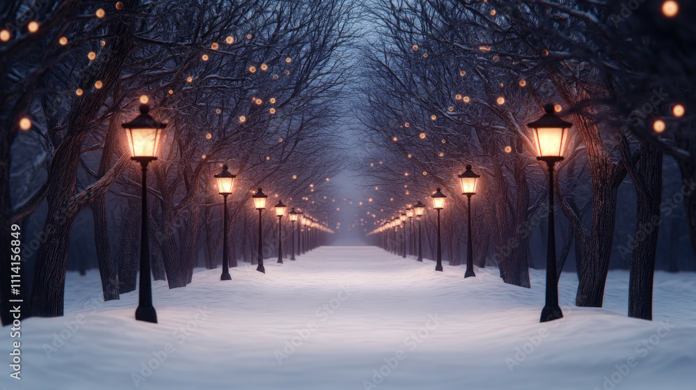 A serene winter path illuminated by glowing lanterns, surrounded by snow-covered trees. A serene winter path illuminated by glowing lanterns, surrounded by snow-covered trees.
