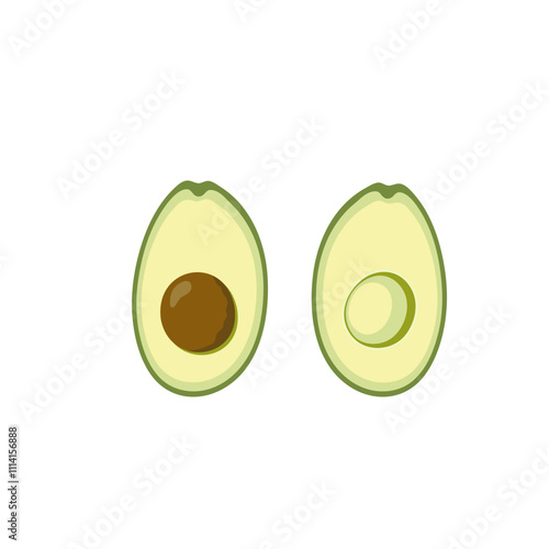 Green avocado with halves cut without seed. Hand drawn cartoon fruit illustration.