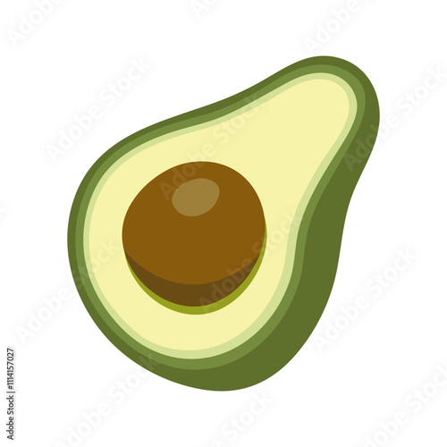 Summer green half of avocado with seed. Hand drawn cartoon fruit illustration.