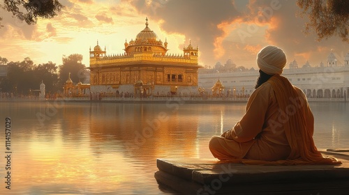 A serene illustration of Guru Nanak Dev Ji with the Golden Temple, representing Sikh spirituality and devotion