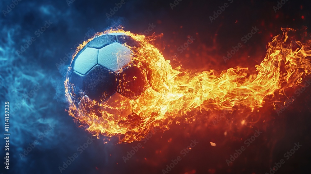 Fototapeta premium Fiery Football On A Dark Backdrop The Ball Exploding, With Flames, Sports Intensity,