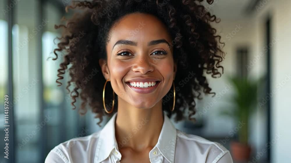 A young black African American office worker woman is looking at the camera and smiling, bokeh background A young black African American office worker woman is looking at the camera and smiling, bokeh background