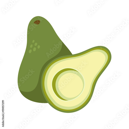 Green avocado with halves cut without seed. Hand drawn cartoon fruit illustration.