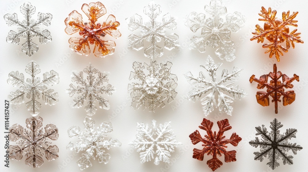A collection of decorative snowflakes in various designs and colors arranged neatly on a light background. A collection of decorative snowflakes in various designs and colors arranged neatly on a light background.