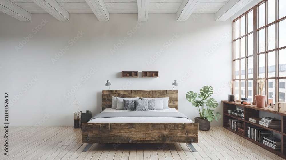 Fototapeta premium Modern Minimalist Bedroom with Wooden Bed and Natural Light. A spacious, modern minimalist bedroom featuring a wooden bed, large windows, and natural elements for a serene atmosphere.
