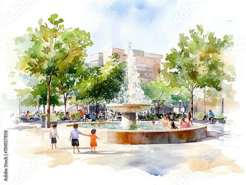 People and community gathering concept. A vibrant park scene featuring a fountain and children playing by the water. watercolor style.
