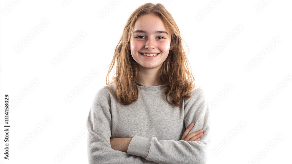 a smiling girl wearing a sweatshirt isolated on a white background a smiling girl wearing a sweatshirt isolated on a white background