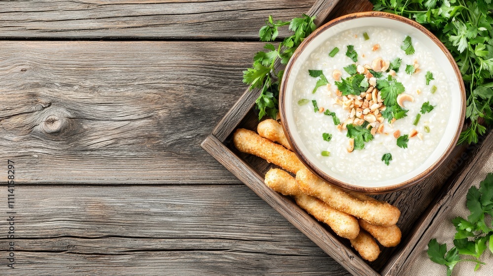 Khao porridge concept. Creamy soup in a rustic bowl, garnished with herbs, served with crunchy snacks on a wooden table. Khao porridge concept. Creamy soup in a rustic bowl, garnished with herbs, served with crunchy snacks on a wooden table.