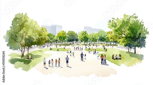 People and community gathering concept. A vibrant park scene filled with people enjoying nature and leisure activities. watercolor style.