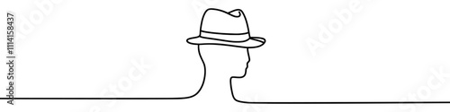 Minimalist vector illustration featuring a continuous line drawing of a fedora hat partially obscuring a face