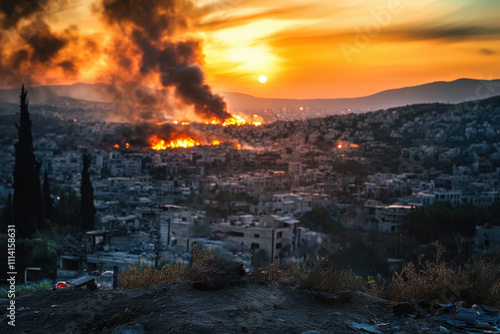 Two children on a hill overlooking a burning cityscape at sunset, dramatic scene