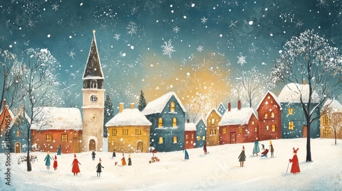 Christmas card illustration vintage style, oil pastel hand-painted style ai generated, village with people celebrating Christmas on a snowy day, happiness