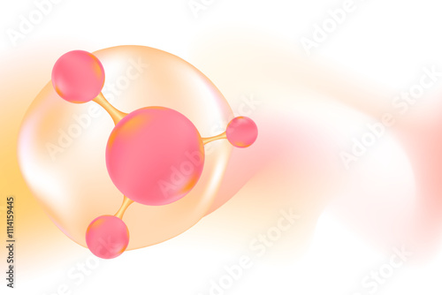 Glowing golden pink 3d collagen droplet molecule formula, with light yellow liquid transparent background. Hyaluronic acid serum chemical formula wallpaper with copy space. Beauty treatment, cosmetics