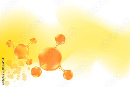 Glowing golden 3d collagen droplet molecule formula, with light yellow liquid transparent background. Hyaluronic acid serum chemical formula wallpaper with copy space. Beauty treatment, cosmetics