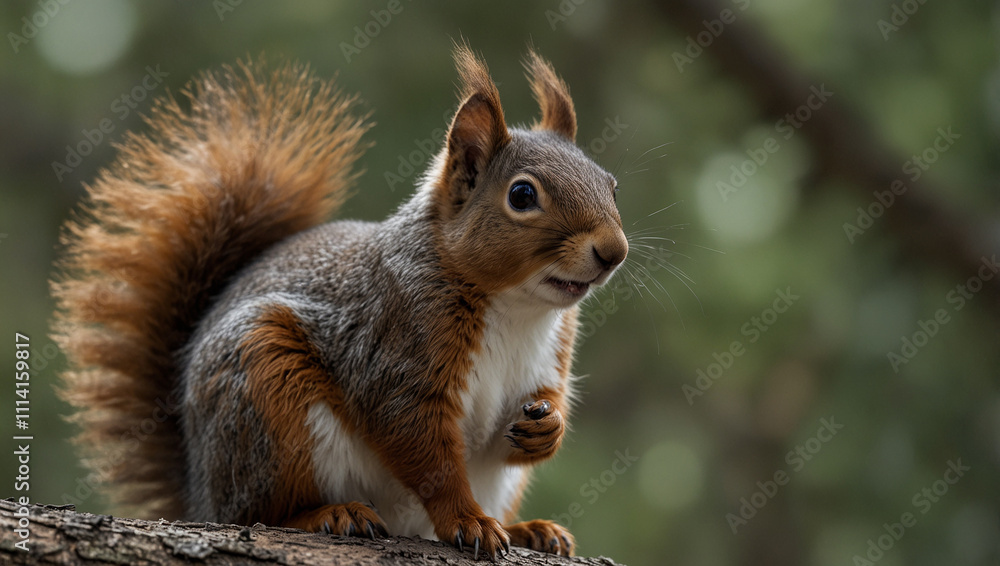 A squirrel perched on a tree branch, its tail raised, showcasing its alert posture in a natural setting. A squirrel perched on a tree branch, its tail raised, showcasing its alert posture in a natural setting.