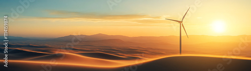 Stunning sunset over desert landscape featuring modern wind turbine and gentle sand dunes.