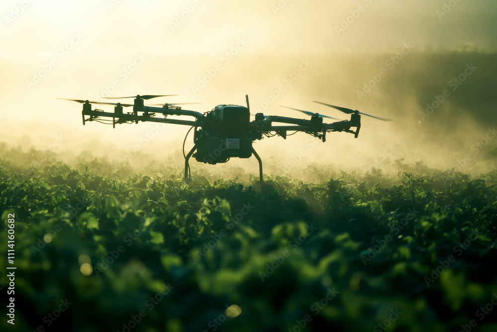 A high-tech agricultural drone flying low over a field spraying crops in the early morning light A high-tech agricultural drone flying low over a field spraying crops in the early morning light