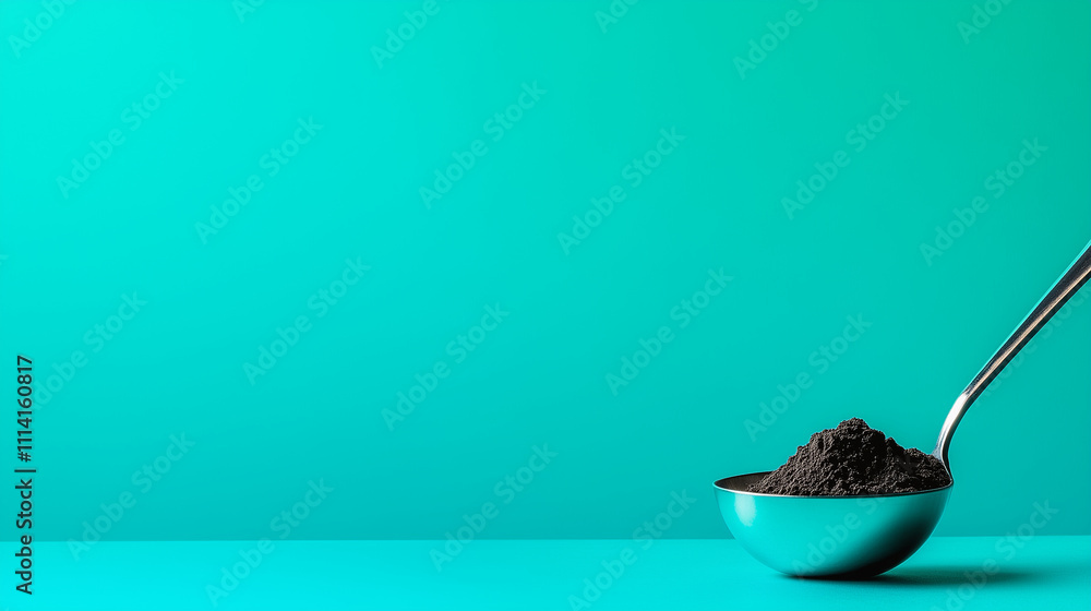 A stylish scene with a silver measuring spoon of plant protein powder on a gradient background transitioning from deep blue to soft green A stylish scene with a silver measuring spoon of plant protein powder on a gradient background transitioning from deep blue to soft green