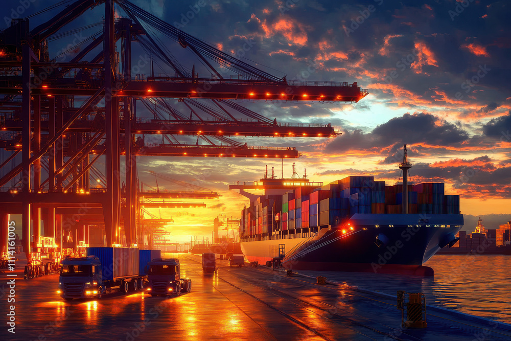 Hyper-realistic container ship docked at a busy harbor, sunset industrial landscape Hyper-realistic container ship docked at a busy harbor, sunset industrial landscape