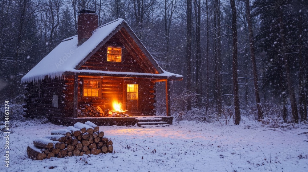 Warm cabin glowing in winter snow at twilight. Generative AI Warm cabin glowing in winter snow at twilight. Generative AI