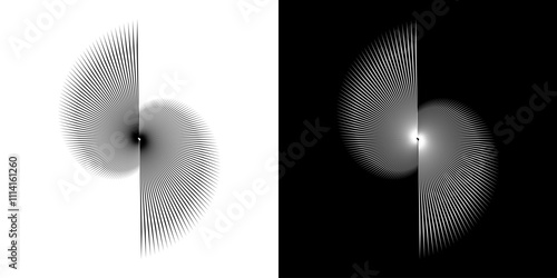 Dynamic abstract spiral sound wave rhythm lines. Circular spiral sound wave rhythm of lines. Circular futuristic abstract lines, black and white background.