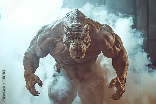 muscular humanoid crocodile with anthropomorphic reptile features in a fantasy setting surrounded by smoke and surreal design photo