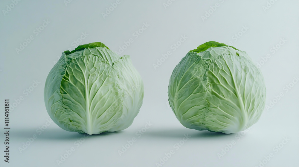 Fototapeta premium Two Cabbage Heads on a White Background.