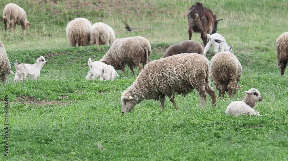 Goat and sheep with lambs grazing on a green meadow in early spring Goat and sheep with lambs grazing on a green meadow in early spring