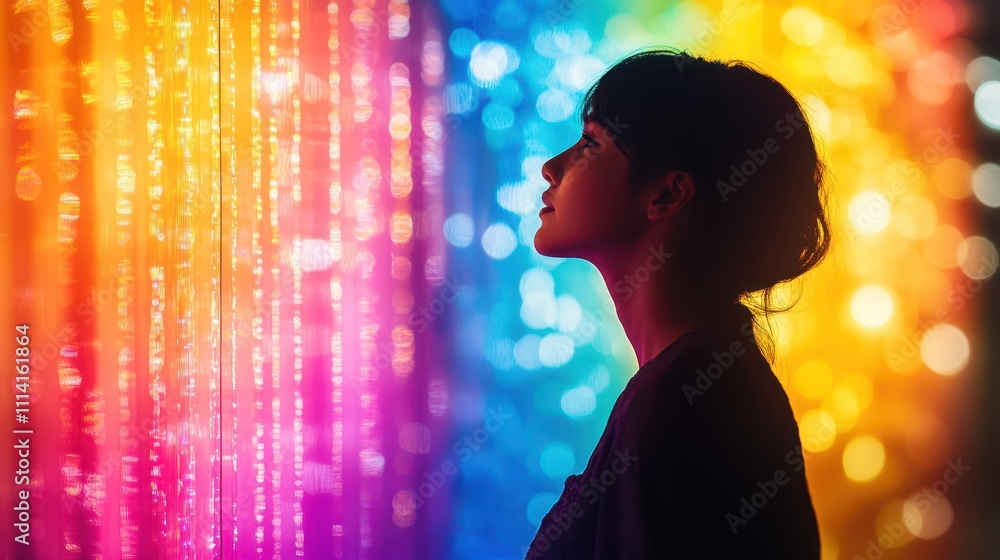 A silhouette of a person standing in profile against a vibrant wall of colorful lights, embodying concepts of identity, reflection, and the interplay of light and shadow. A silhouette of a person standing in profile against a vibrant wall of colorful lights, embodying concepts of identity, reflection, and the interplay of light and shadow.