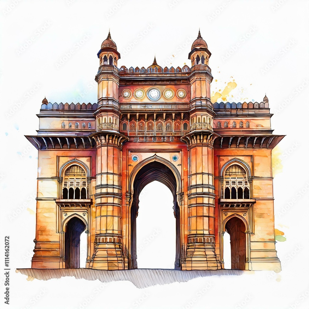 Obraz premium Watercolor illustration of Mumbai's iconic Gateway of India, showcasing intricate Indo-Saracenic architecture with vibrant hues, perfect for tourism or cultural content.