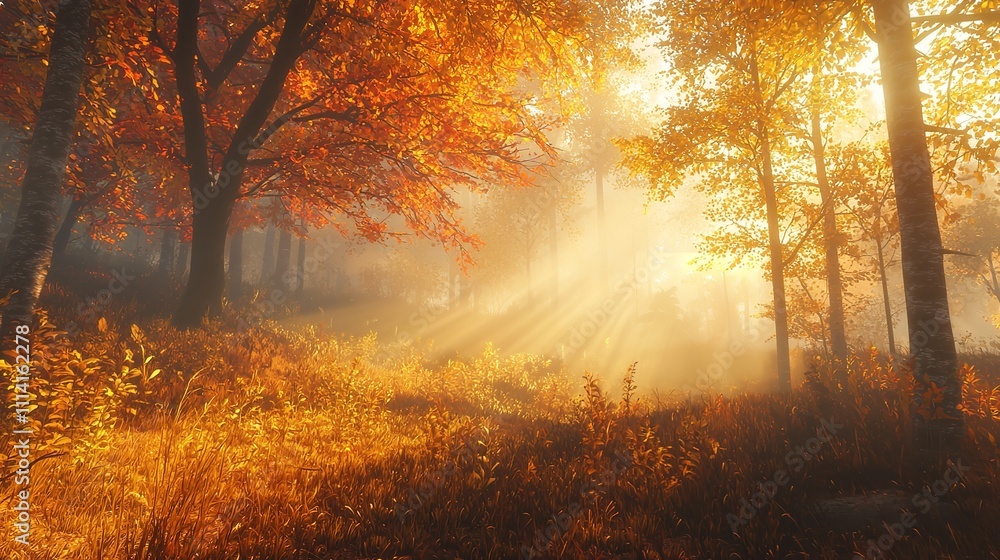 Magical autumn scenery in a dreamy forest with rays of sunlight Magical autumn scenery in a dreamy forest with rays of sunlight