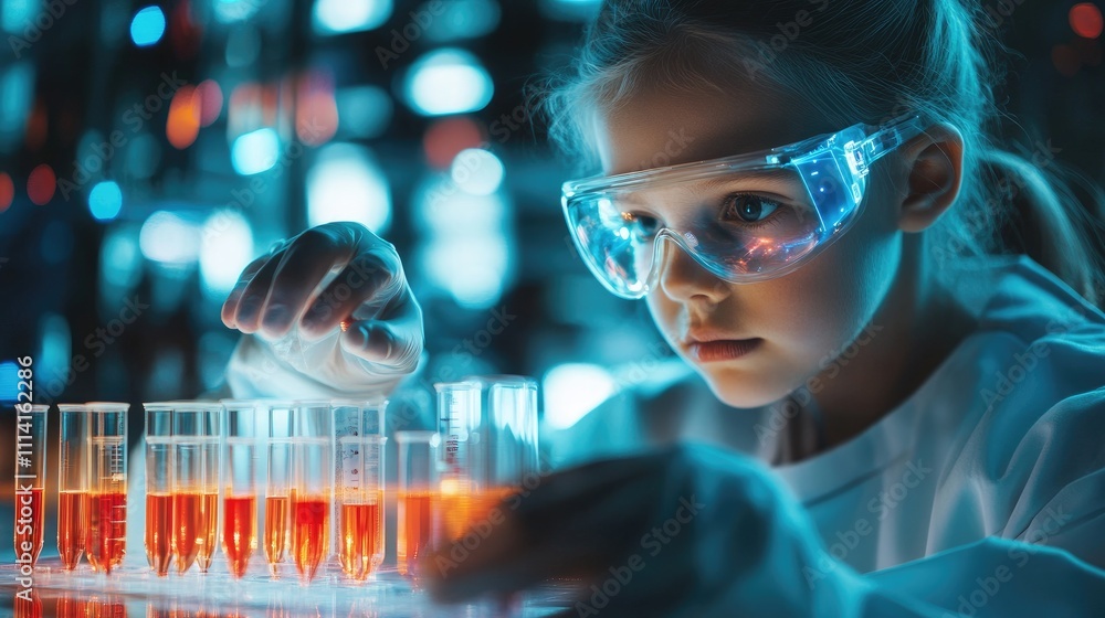 Young girl analyzing test tubes with a futuristic holographic interface, child scientist, merging science and technology Young girl analyzing test tubes with a futuristic holographic interface, child scientist, merging science and technology