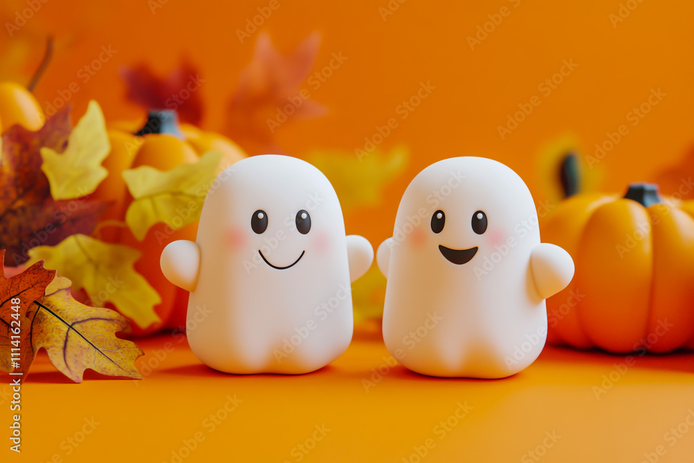 Two cute, smiling ghosts standing next to each other, against an orange background with pumpkins and leaves. Two cute, smiling ghosts standing next to each other, against an orange background with pumpkins and leaves.