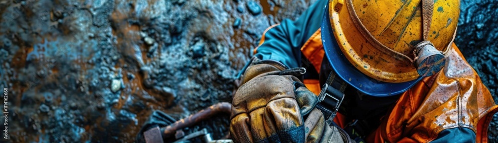 Close-up photo of a miner s gear, including a helmet, tools, and protective clothing, highlighting the essential equipment needed for safety and efficiency in the mining industry Close-up photo of a miner s gear, including a helmet, tools, and protective clothing, highlighting the essential equipment needed for safety and efficiency in the mining industry