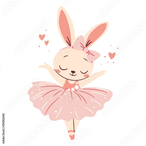 Flat vector illustration in a simple children's style. Cute bunny in ballerina tutu dancing ballet. White background . Vector illustration