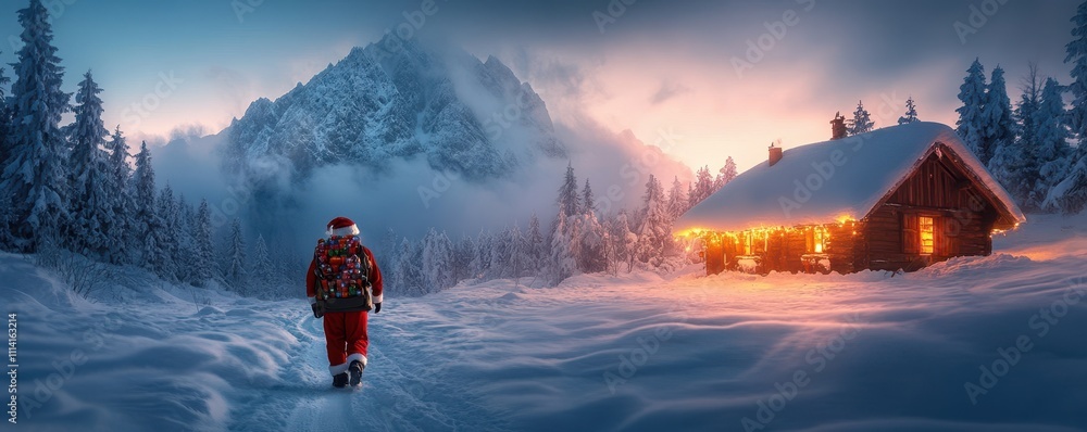 Santa Claus with a backpack full of presents walks through the snow to a lonely romantically lit hut Santa Claus with a backpack full of presents walks through the snow to a lonely romantically lit hut