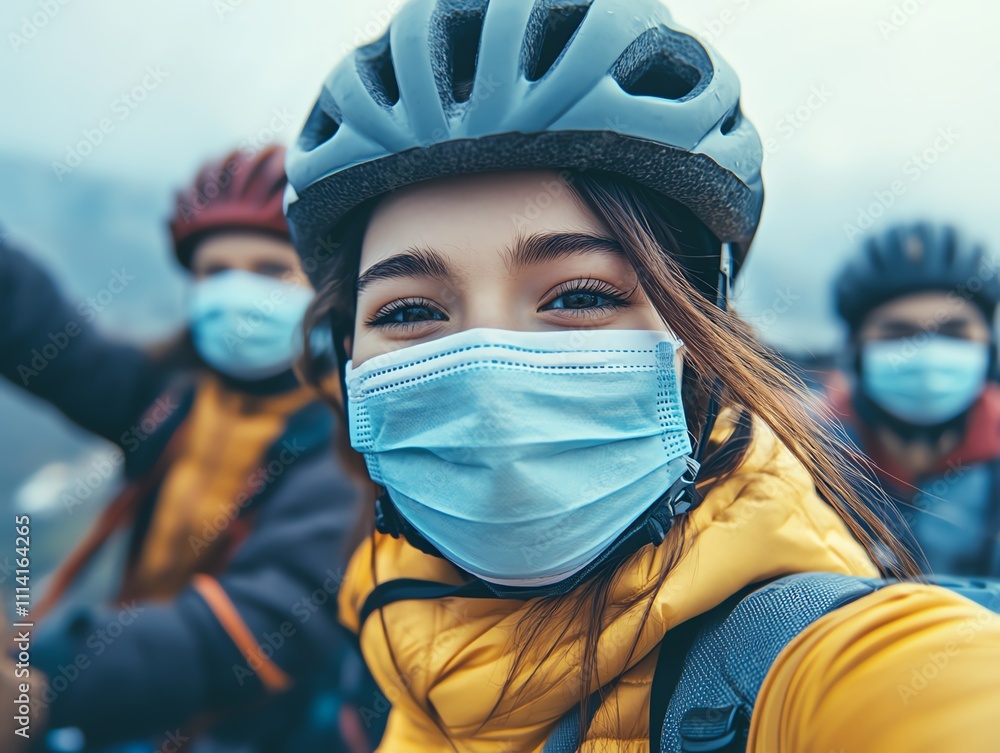 Cyclists in masks taking selfies at a fogshrouded overlook, focus on laughter and joy, vibrant, blend mode with blurred horizon, capturing memories in mist Cyclists in masks taking selfies at a fogshrouded overlook, focus on laughter and joy, vibrant, blend mode with blurred horizon, capturing memories in mist