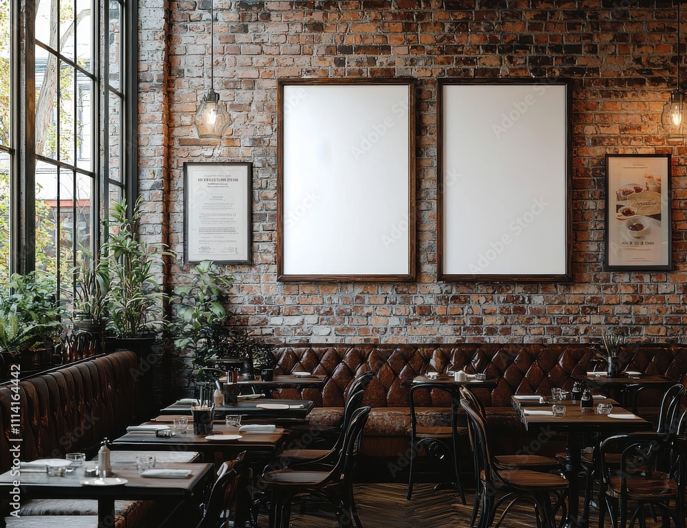 Chic urban cafe interior with three blank posters on rustic brick wall, featuring vintage leather seating and lush greenery accents Chic urban cafe interior with three blank posters on rustic brick wall, featuring vintage leather seating and lush greenery accents