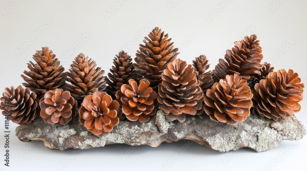 Small group of pine cones arranged artistically on a pristine white background, perfect for seasonal decor or nature-themed designs Small group of pine cones arranged artistically on a pristine white background, perfect for seasonal decor or nature-themed designs
